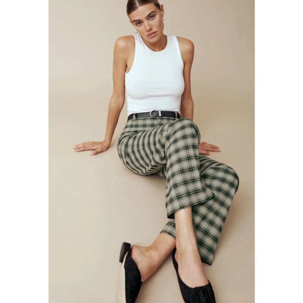 Reformation Women's Green Plaid Franklin Pants Straight Leg Trouser Pants Size 0